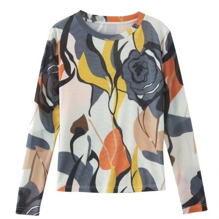 FA56225# 长袖设计感宽松套头扎染上衣女春新款韩国网印花圆领T恤 服裝批發女裝批發服飾貨源