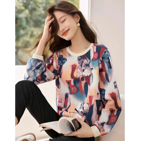 FA56226# 新款皱皱布女长袖春新款高端印花拼接套头休闲上衣 服裝批發女裝批發服飾貨源