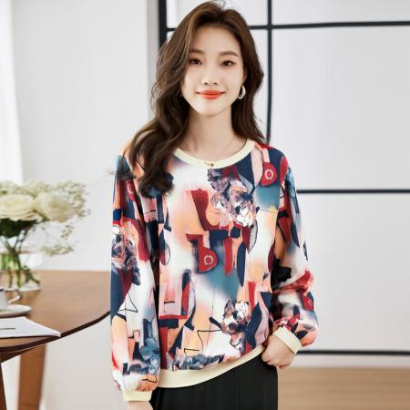 FA56226# 新款皱皱布女长袖春新款高端印花拼接套头休闲上衣 服裝批發女裝批發服飾貨源