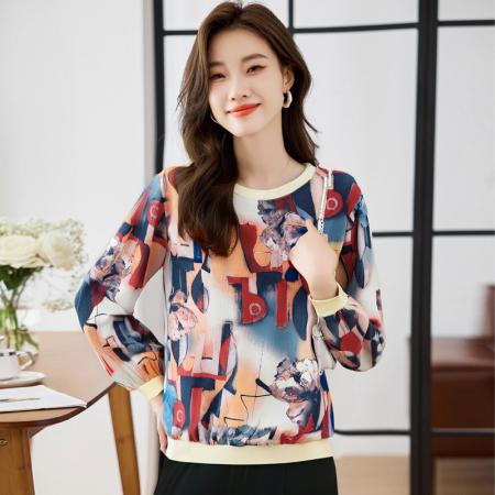 FA56226# 新款皱皱布女长袖春新款高端印花拼接套头休闲上衣 服裝批發女裝批發服飾貨源