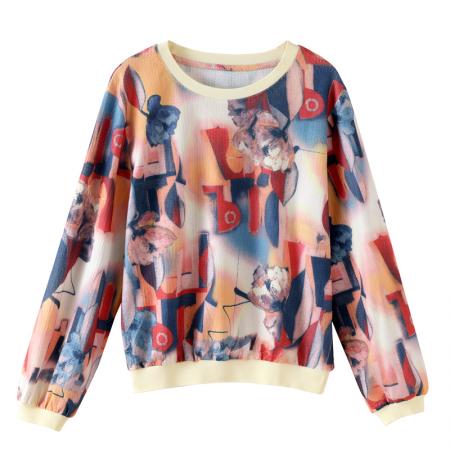 FA56226# 新款皱皱布女长袖春新款高端印花拼接套头休闲上衣 服裝批發女裝批發服飾貨源