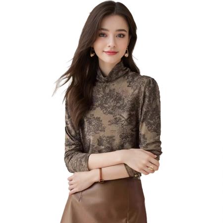 FA56227# 长袖上衣烫钻半高领修身高级水墨画打底衫女春新款印花T恤 服裝批發女裝批發服飾貨源