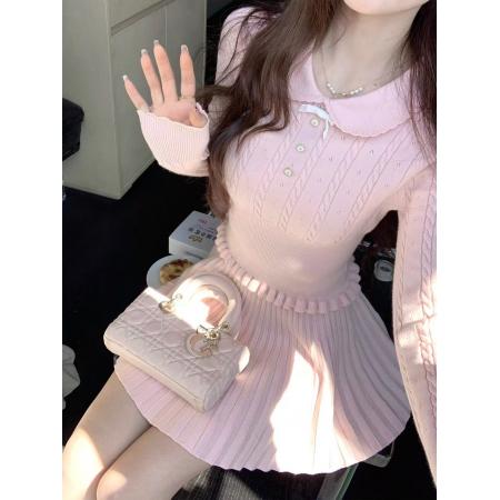 FA56229# Q女家进修校花/千金感粉色长袖上衣针织毛衣超好看秋冬裙子套装 服裝批發女裝批發服飾貨源