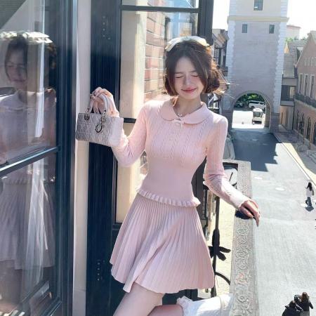 FA56229# Q女家进修校花/千金感粉色长袖上衣针织毛衣超好看秋冬裙子套装 服裝批發女裝批發服飾貨源