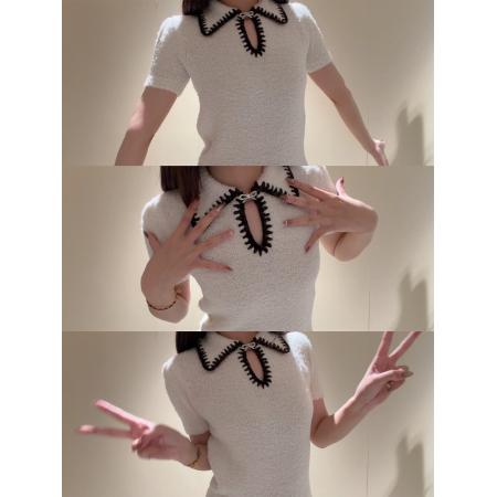 FA56231# 米白色翻领镂空针织短袖T恤绝美巨好看的打底衫女秋冬季内搭上衣 服裝批發女裝批發服飾貨源