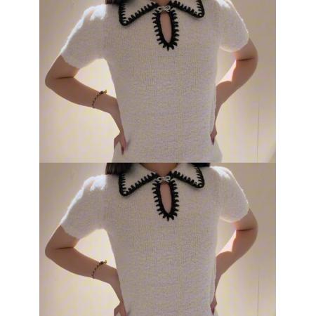 FA56231# 米白色翻领镂空针织短袖T恤绝美巨好看的打底衫女秋冬季内搭上衣 服裝批發女裝批發服飾貨源