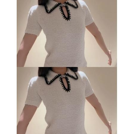 FA56231# 米白色翻领镂空针织短袖T恤绝美巨好看的打底衫女秋冬季内搭上衣 服裝批發女裝批發服飾貨源