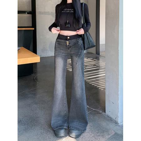 FA56232# 复古拼接低腰微喇牛仔裤女春季设计感直筒显瘦喇叭裤子 服裝批發女裝批發服飾貨源