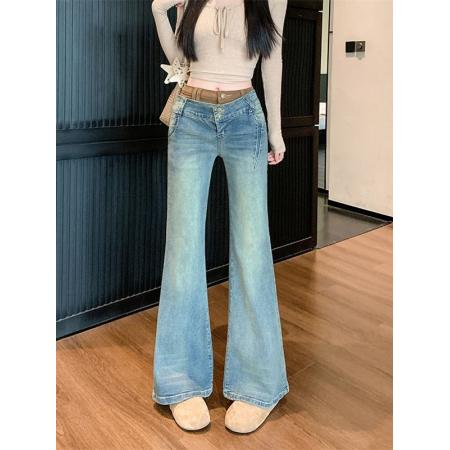 FA56232# 复古拼接低腰微喇牛仔裤女春季设计感直筒显瘦喇叭裤子 服裝批發女裝批發服飾貨源