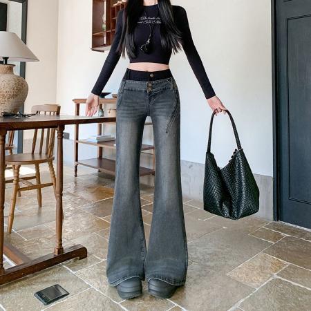 FA56232# 复古拼接低腰微喇牛仔裤女春季设计感直筒显瘦喇叭裤子 服裝批發女裝批發服飾貨源