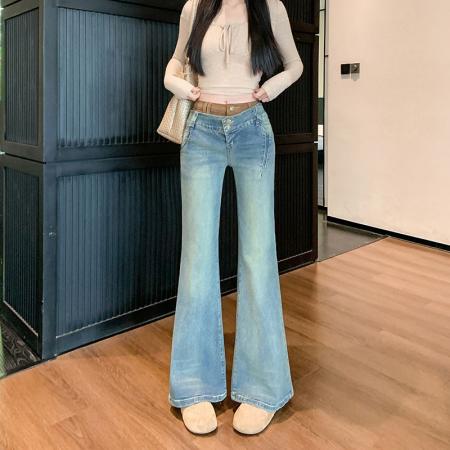 FA56232# 复古拼接低腰微喇牛仔裤女春季设计感直筒显瘦喇叭裤子 服裝批發女裝批發服飾貨源