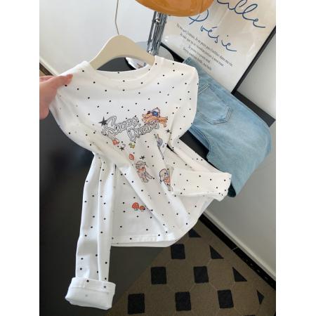 FA56233# 白色波点印花长袖t恤女短款绝美漂亮正肩小上衣新款 服裝批發女裝批發服飾貨源