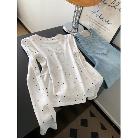 FA56233# 白色波点印花长袖t恤女短款绝美漂亮正肩小上衣新款 服裝批發女裝批發服飾貨源