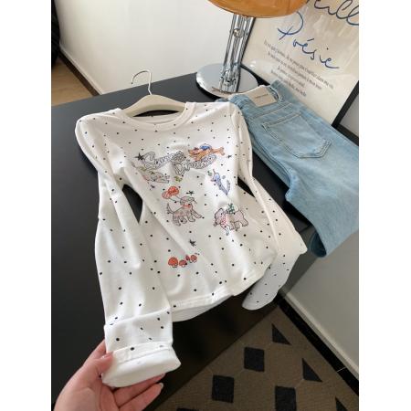 FA56233# 白色波点印花长袖t恤女短款绝美漂亮正肩小上衣新款 服裝批發女裝批發服飾貨源