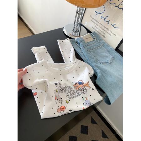 FA56233# 白色波点印花长袖t恤女短款绝美漂亮正肩小上衣新款 服裝批發女裝批發服飾貨源