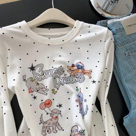 FA56233# 白色波点印花长袖t恤女短款绝美漂亮正肩小上衣新款 服裝批發女裝批發服飾貨源