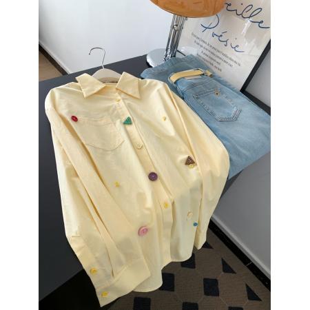 FA56234# 黄色宽松设计感翻领长袖衬衫女上衣小个子超火减龄衬衣 服裝批發女裝批發服飾貨源