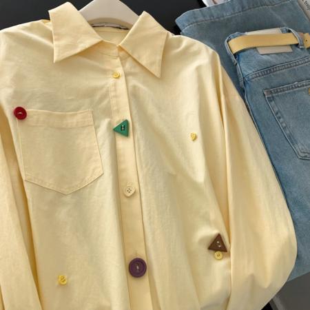 FA56234# 黄色宽松设计感翻领长袖衬衫女上衣小个子超火减龄衬衣 服裝批發女裝批發服飾貨源