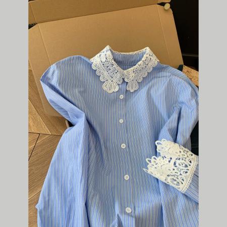 FA56235# 蓝色条纹蕾丝拼接娃娃领衬衫女士设计感小众衬衣上衣春 服裝批發女裝批發服飾貨源
