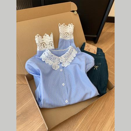 FA56235# 蓝色条纹蕾丝拼接娃娃领衬衫女士设计感小众衬衣上衣春 服裝批發女裝批發服飾貨源