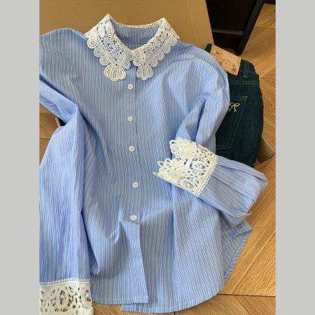 FA56235# 蓝色条纹蕾丝拼接娃娃领衬衫女士设计感小众衬衣上衣春 服裝批發女裝批發服飾貨源