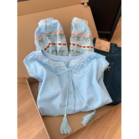 FA56236# 韩版甜美风蝴蝶结花朵刺绣衬衣女春季新款设计感温柔漂亮上衣 服裝批發女裝批發服飾貨源