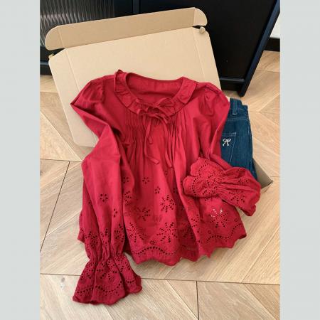 FA56237# 红色荷叶边镂空喇叭长袖衬衫女高级感轻奢减龄洋气衬衣 服裝批發女裝批發服飾貨源
