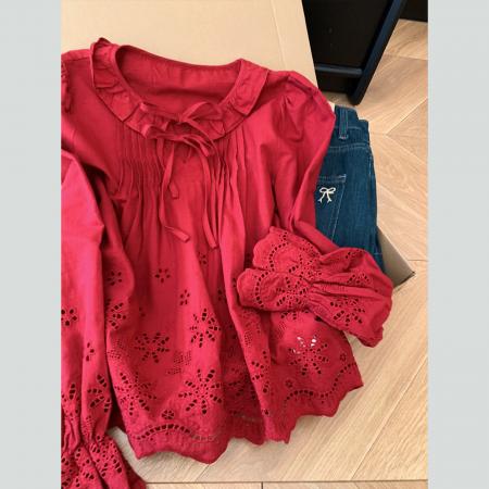 FA56237# 红色荷叶边镂空喇叭长袖衬衫女高级感轻奢减龄洋气衬衣 服裝批發女裝批發服飾貨源