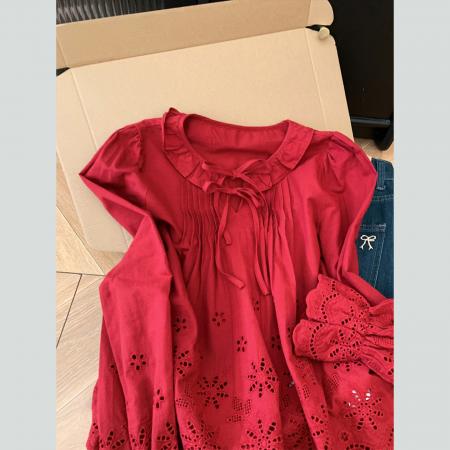 FA56237# 红色荷叶边镂空喇叭长袖衬衫女高级感轻奢减龄洋气衬衣 服裝批發女裝批發服飾貨源