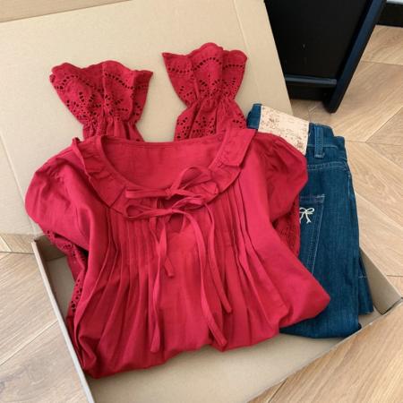 FA56237# 红色荷叶边镂空喇叭长袖衬衫女高级感轻奢减龄洋气衬衣 服裝批發女裝批發服飾貨源