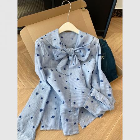 FA56238# 春季法式蝴蝶结长袖衬衫女高级感轻奢减龄洋气刺绣条纹上衣 服裝批發女裝批發服飾貨源