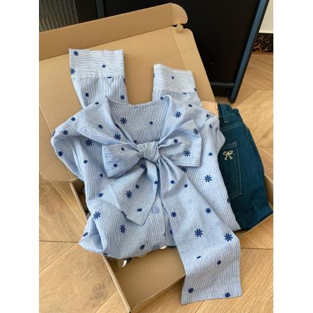 FA56238# 春季法式蝴蝶结长袖衬衫女高级感轻奢减龄洋气刺绣条纹上衣 服裝批發女裝批發服飾貨源