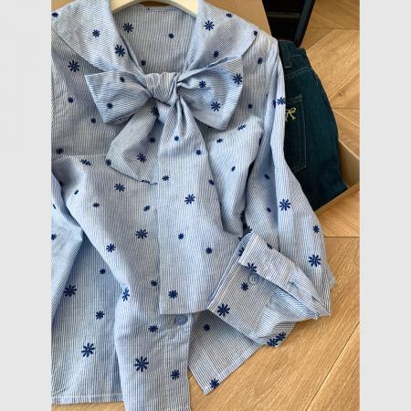 FA56238# 春季法式蝴蝶结长袖衬衫女高级感轻奢减龄洋气刺绣条纹上衣 服裝批發女裝批發服飾貨源