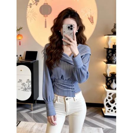 FA56239# 春季新款法式收腰修身蓝色长袖衬衫女设计感不规则锁骨绝美上衣潮 服裝批發女裝批發服飾貨源
