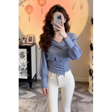 FA56239# 春季新款法式收腰修身蓝色长袖衬衫女设计感不规则锁骨绝美上衣潮 服裝批發女裝批發服飾貨源