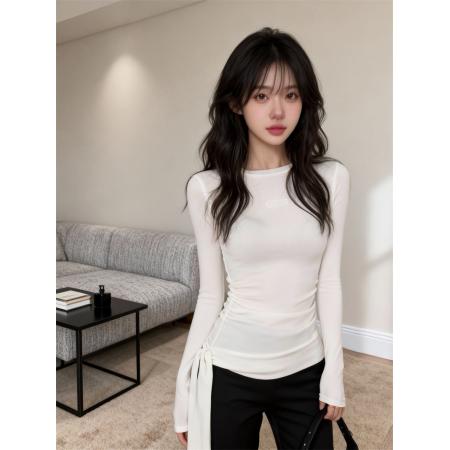 FA56240# 春上新韩系甜妹软糯长袖打底衫女刺绣抽绳绑带辣妹上衣 服裝批發女裝批發服飾貨源