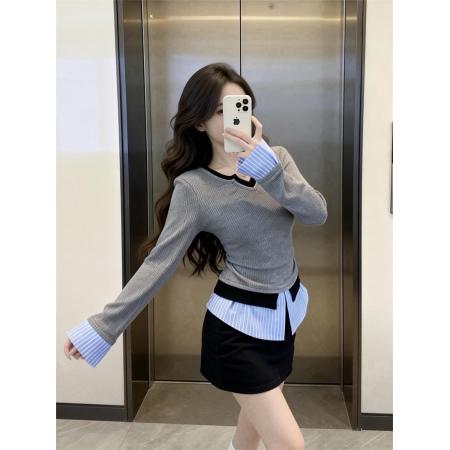 FA56241# 春上新韩版甜辣时尚假两件长袖拼接衬衫女学院风T恤上衣 服裝批發女裝批發服飾貨源