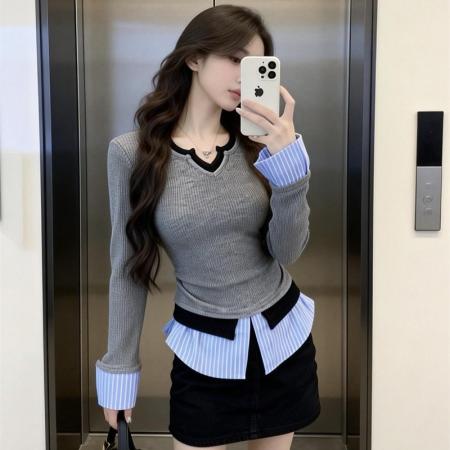 FA56241# 春上新韩版甜辣时尚假两件长袖拼接衬衫女学院风T恤上衣 服裝批發女裝批發服飾貨源