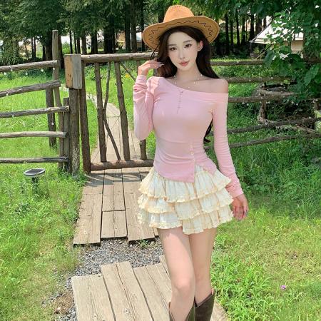 FA56243# 淡粉色斜肩下摆开叉设计感长袖T恤修身显瘦辣妹上衣杏色蛋糕裙 服裝批發女裝批發服飾貨源