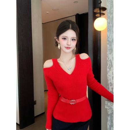 FA56244# 高级感送腰带超好看减龄收腰显瘦独特别致红色针织衫女 服裝批發女裝批發服飾貨源