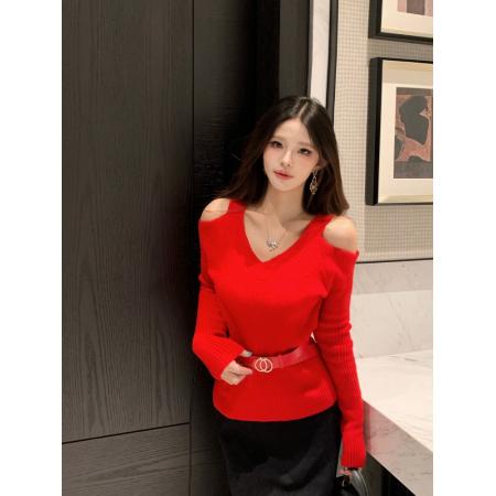 FA56244# 高级感送腰带超好看减龄收腰显瘦独特别致红色针织衫女 服裝批發女裝批發服飾貨源