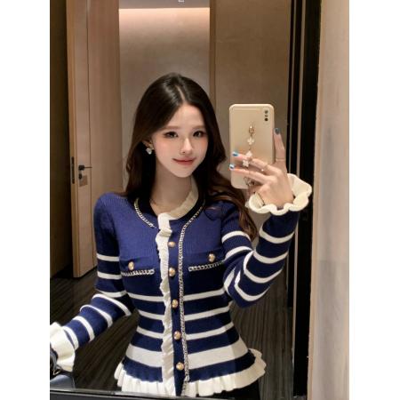 FA56245# 春装好质量条纹针织开衫木耳边拼接装饰修身显瘦毛衣女 服裝批發女裝批發服飾貨源