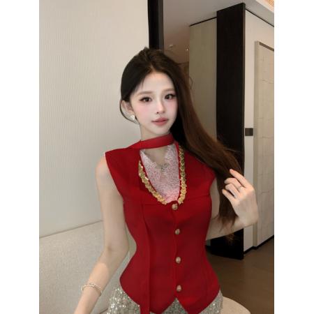 FA56248# 春秋季针织衫新款纯欲甜美蕾丝拼接V领收腰背心围脖洋气百搭 服裝批發女裝批發服飾貨源