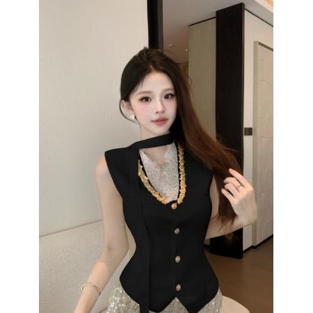 FA56248# 春秋季针织衫新款纯欲甜美蕾丝拼接V领收腰背心围脖洋气百搭 服裝批發女裝批發服飾貨源