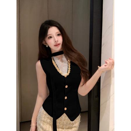 FA56248# 春秋季针织衫新款纯欲甜美蕾丝拼接V领收腰背心围脖洋气百搭 服裝批發女裝批發服飾貨源