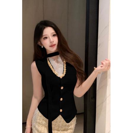 FA56248# 春秋季针织衫新款纯欲甜美蕾丝拼接V领收腰背心围脖洋气百搭 服裝批發女裝批發服飾貨源