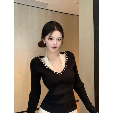 FA56249# 法式气质钉珠蕾丝拼接针织衫女长袖收腰黑色打底毛衣上衣 服裝批發女裝批發服飾貨源