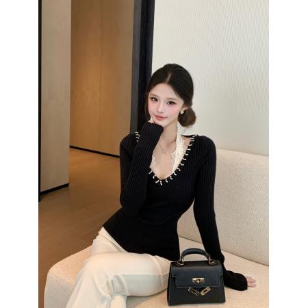 FA56249# 法式气质钉珠蕾丝拼接针织衫女长袖收腰黑色打底毛衣上衣 服裝批發女裝批發服飾貨源