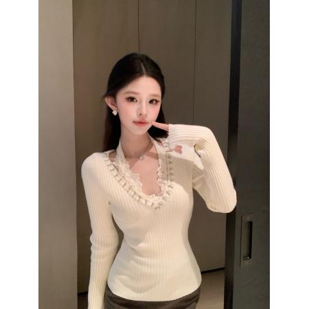 FA56249# 法式气质钉珠蕾丝拼接针织衫女长袖收腰黑色打底毛衣上衣 服裝批發女裝批發服飾貨源