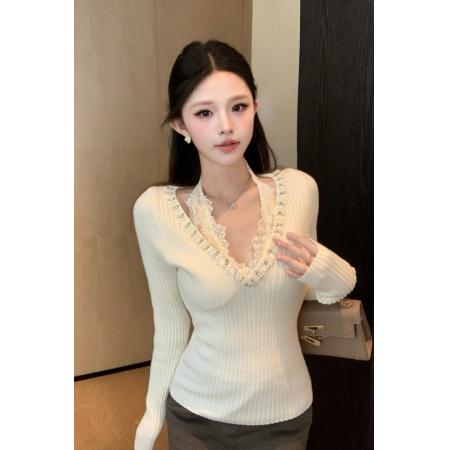 FA56249# 法式气质钉珠蕾丝拼接针织衫女长袖收腰黑色打底毛衣上衣 服裝批發女裝批發服飾貨源